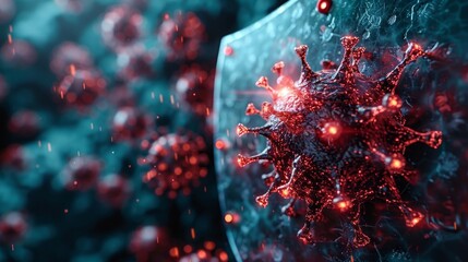 Poster - A blue futuristic guard shield against red viruses. The immune system is protecting against the virus. A polygonal blue background is accompanied by a wireframe structure in a modern form.