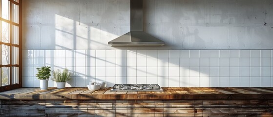 Aufkleber - This is a 3D rendering of an interior of a bright kitchen with an empty wall. Accessories for a catalog could be seen here.