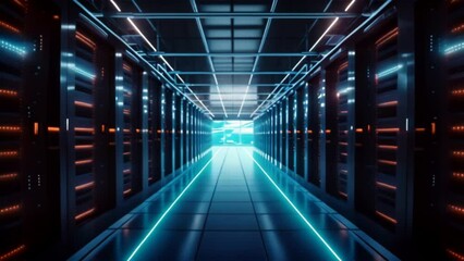 Poster - Corridor in Working Data Center Full of Rack Servers and Supercomputers with Internet connection