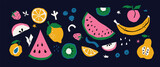 Fototapeta  - Geometric summer fresh fruit cut artwork poster with colorful simple shapes. Minimalist illustration of bright color fruits on a black background.