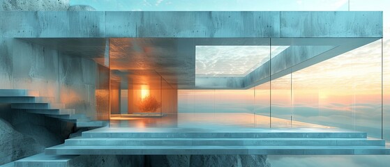 Wall Mural - The rendering shows a futuristic abstract glass structure with an empty concrete floor.