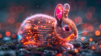 Poster - Neon bunny with glowing futuristic design. Technological greeting card with holiday. 3D model of hare ears patterned with a computer board.