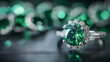 A green diamond ring sits on a black surface, Emerald