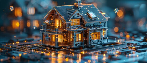 Fototapete - Smart building hardware and software development. Architecture designs and 3D drafts of buildings, engineering communications. Phone-controlled IOT of smart buildings. IOT system development.