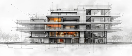 Fototapete - The concept of the building. The development of the autonomous system of the smart building. The drafting of communications that will link the house. Development of the apartment house project.
