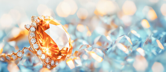 Wall Mural - A large orange gemstone sits on a bed of blue and white crystals, Topaz