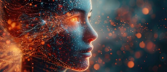 Poster - In this image we see an image of humanoid face head of AI in profile view. AI solves a problem. Bald head of artificial intelligence looks thoughtfully at electrodes that are attached to its head.
