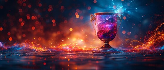 Aufkleber - This is an abstract image of a champion cup in hand, representing a starry sky or space, composed of planets, stars, and the universe in the form of points, lines, and shapes. This is a