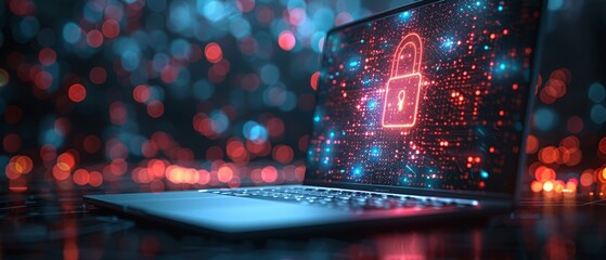 Poster - An illustration of a lock on a laptop screen containing points, lines, and shapes on a dark background. A polygonal notebook and lock. Low poly wireframe  illustration. Digital security concept.