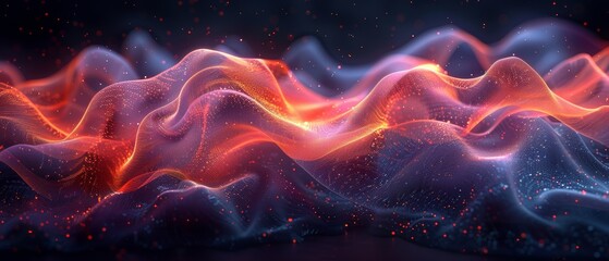 Poster - An abstract 3D rendering of vibrant abstract colors on black background, with curved waves moving and iridescent elements for a captivating banner background or wallpaper