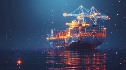 Aufkleber - Digital  cargo ship, container, crane, and warehouse. Container ships, transportation, logistics, business, worldwide shipping concept.