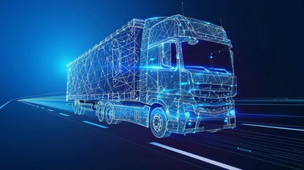 Poster - 3D  heavy lorry van isolated on a blue background. Transportation vehicle, delivery transport, digital cargo logistic concept. Freight shipping industry, worldwide.