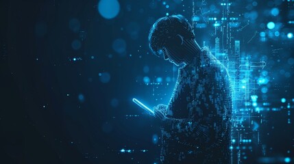 Aufkleber - Digital trading concept, low poly futuristic investor holding tablet with stock market candlestick hologram.  3D illustration.