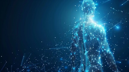 Fototapete - An abstract isolated human body on a blue background. The top of the body features polygons, particles, lines, and connected dots. This is a digital concept of medicine and health.