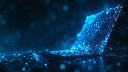 Poster -  illustration of a lock on a laptop screen. Low poly  illustration. Electronic data security concept. Starry sky with points, lines and shapes on dark background. Polygonal notebook with