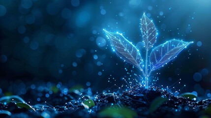Leinwandbilder - Plant growing from coins pile. Making money concept. Blue geometric background. Wireframe light connection structure. Modern 3D graphic.  illustration.