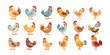 Set of cute hens in various poses on a white background.