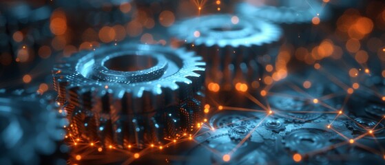 Poster - Quality control concept with ISO standards in dark background. The concept is a cog wheel and gear wheel mechanism with low polygonal mesh.