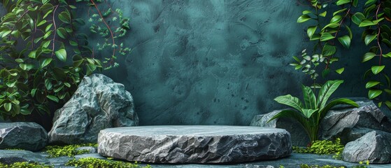 Leinwandbilder - Mock-up of natural stone and concrete podium for packaging product presentation. Green leaves set in the background.