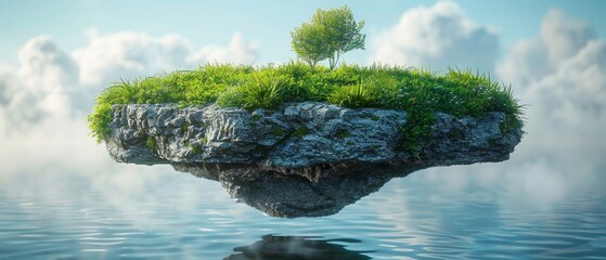 The floating island has a natural grass field on the rock, part of a surreal float landscape with a paradise theme