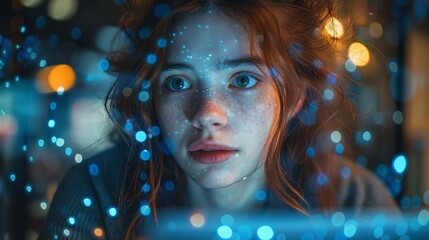 Aufkleber - A millennial young woman working in a cafe with her laptop and phone is surrounded by holographic projections as she works.