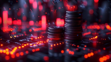 Poster - A digital coin dollar stack with growth arrows on a computer monitor screen. Abstract futuristic low polywireframe style.