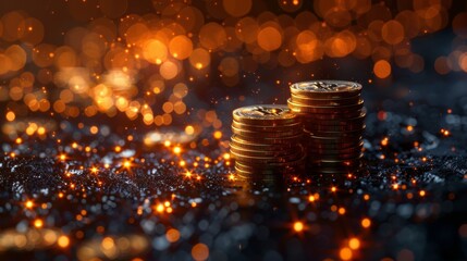 Poster - Digital gold dollar coin on a technology background with growth arrows. Profit. Economy and finance. Income increase concept. Low poly wireframe modern illustration.