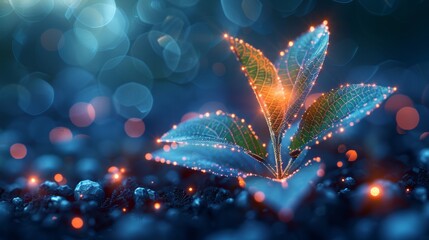 Poster - Genetic engineering of seedling tree leaves. Abstract illustration isolated on dark blue background. Life science life ecology. Low poly wireframe mesh.