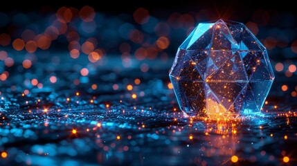 Poster - An illustration of a digital key under a protective dome in a futuristic polygonal style. Concept for insurance of a house or property under guard.
