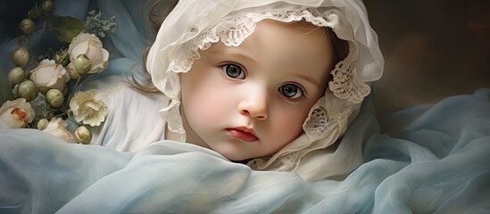 Canvas Print - A young girl with a delicate lace hat lays on the bed, showcasing her rosy cheeks and long eyelashes. Her eyes closed peacefully, a true art of innocence and elegance in fashion accessories