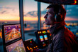 Airport Tower Communication: Air Traffic Controllers in Action with Navigation Screens and Departure Data
