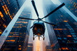 Urban Skyline: Black Helicopter Soars Amidst City Skyscrapers
