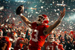 © Fernando Cortés - Red-clad American football player celebrates a fumbled ball in packed Superbowl stadium.
