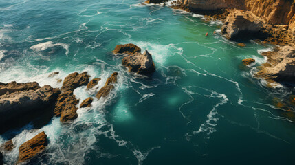 Aerial view of sea waves and fantastic Rocky coast.