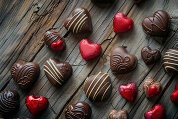 Wall Mural - Presentation of assortment of chocolates with red heart-shaped cutouts on wooden table. Elevated view.