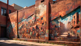 Vibrant street mural on urban building wall depicting historical scenes with rich colors and detailed artwork.
