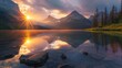 Sunset over a serene mountain lake with reflections and vibrant colors.