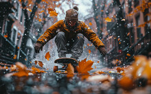Young Man Riding Longboard In The City In Autumn
