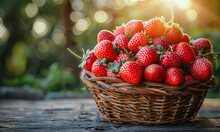 Fresh strawberries in basket on wooden table in the garden