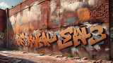 Fototapeta  - Urban graffiti art on a brick wall under sunlight.