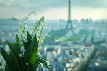 Wall Mural - Flowering lily of the valley on a street of Paris, with the Eiffel tower in the background. French tradition to offer lily of the valley on the 1st of May, which is a public holiday in France