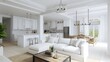 an image description highlighting the pristine white color scheme in a grand kitchen and living room setting