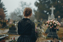 Sad Young Woman Grieving Her Loss On A Cemetery. Lonely Widowed Wife By The Headstone Of Her Spouse.
