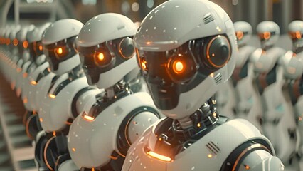 Poster - Robotic manufacturing: Rows of automated models in motion.