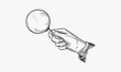 Vector illustration of zoom tool for observing research analysis small objects. Man male hand holding old magnifying glass. Vintage hand drawn style.