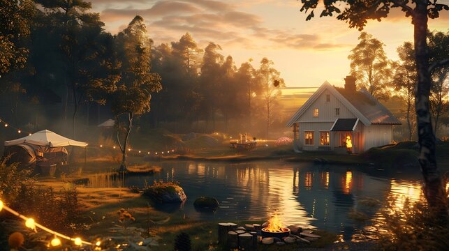 an AI-generated visual representation of a Swedish midsummer sunset, featuring a white house, a tranquil lake, a forest, and a festive countryside party around a fireplace