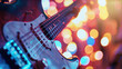 © HyunSoo - Golden Strings - Electric Guitar Up Close on a Blurred Concert Stage Background, Enhanced with a Bokeh Effect for a Festive Live Performance Atmosphere and Musical Holiday Celebrations