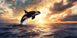 Orca killer whale in the sea at sunset 3d render Orca Killerwhale traveling on ocean water with the sunset , Oceanic Sunset: 3D Orca Traveling on Water Surface