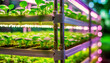 Closeup of a vertical farming rack with small green plants growing in a hydroponic system with LED lamps that reproduce artificial ultraviolet sunlight. Sustainable use of green energy. Generative Ai.