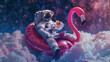 Astronaut reclines on a giant pink flamingo float holding a laptop and drink amidst the cosmic backdrop, merging work and futuristic play